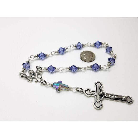 Handmade Purple Swarovski One Decade Rosary Fleur-de-Lis Center Unbreakable - Picture 5 of 10